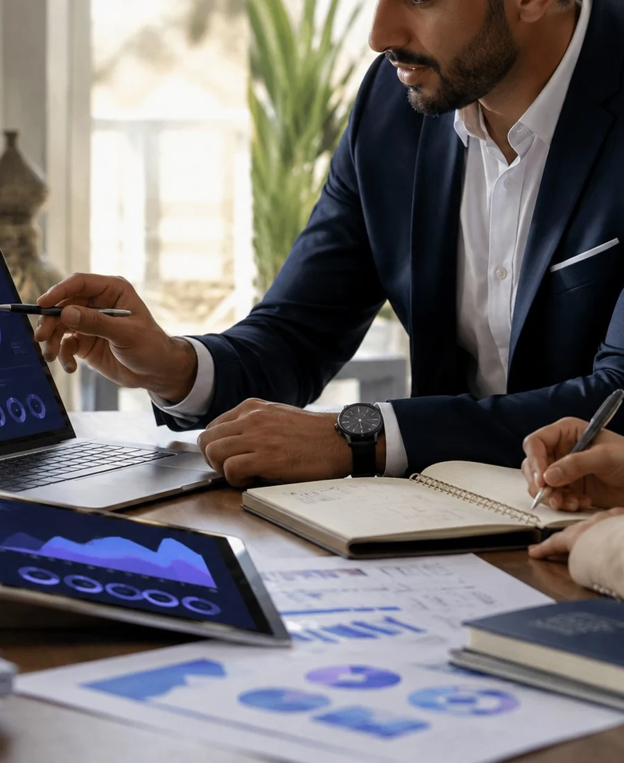 Deux consultants analysent des données et des flux de travail digitaux